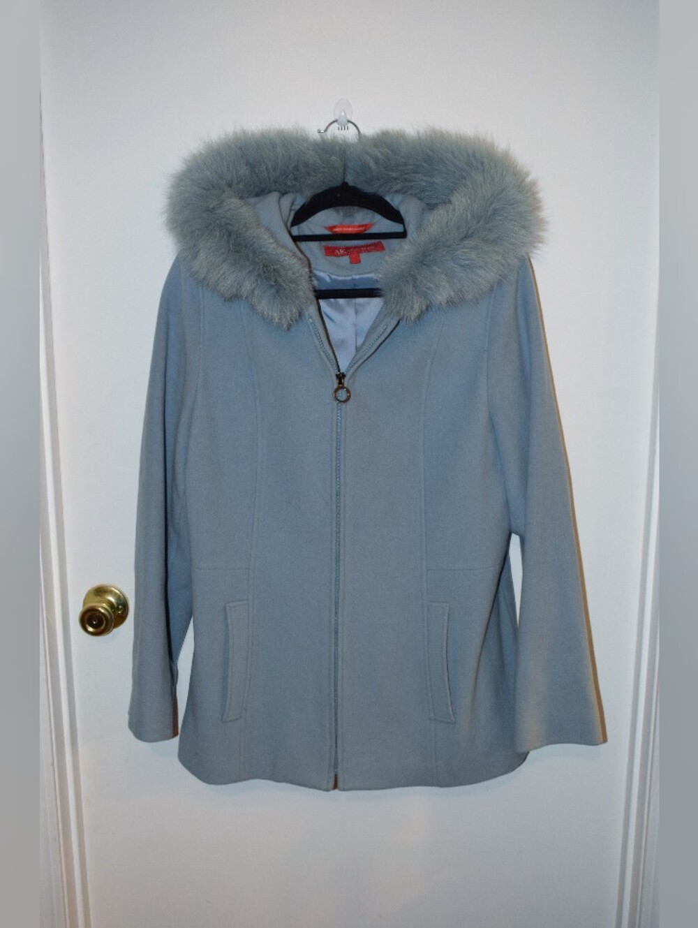 Anne Klein Light Blue Wool Blend Hooded Coat with Fox Fur Trim Size Large
